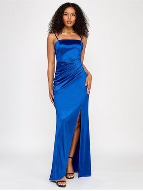 Emerald Sundae brand Junior’s pleated slit gown in Royal Blue, Size XS